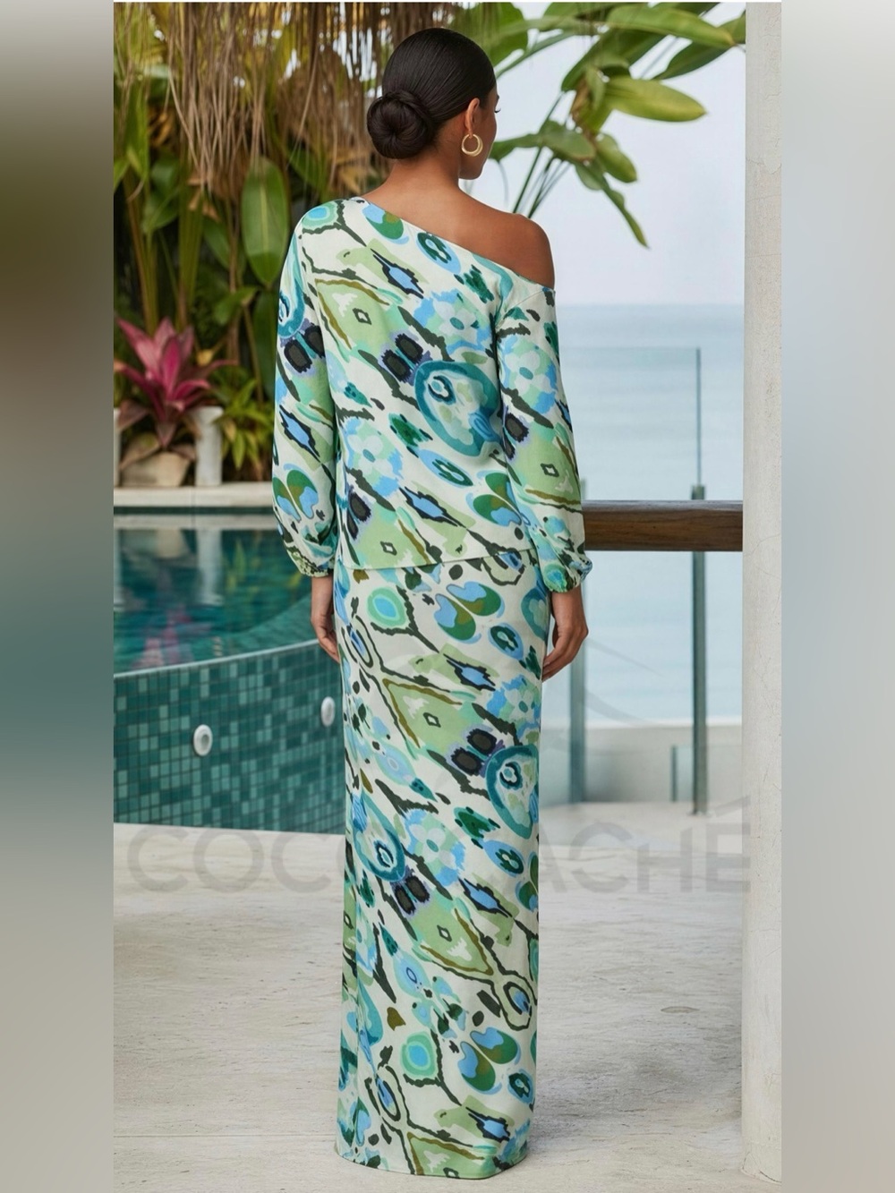 Two Piece Set Green Hydrangea Elegant Bohemian Off Shoulder Skirt & Top. - Picture 3 of 7